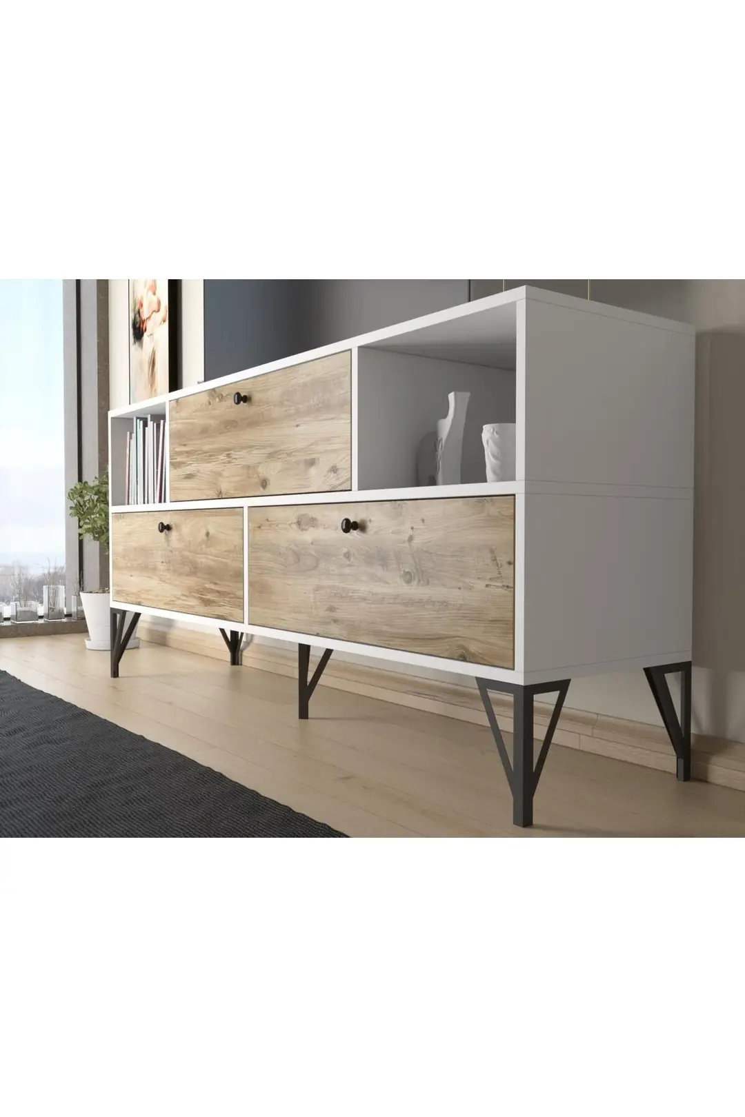 Mia 160 Cm Metal Ayaklı Tv Ünitesi - Konsol - Beyaz - Atlantik Çam / Siyah